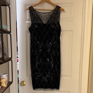 Adrianna Papell Black and Silver Embellished Midi Dress